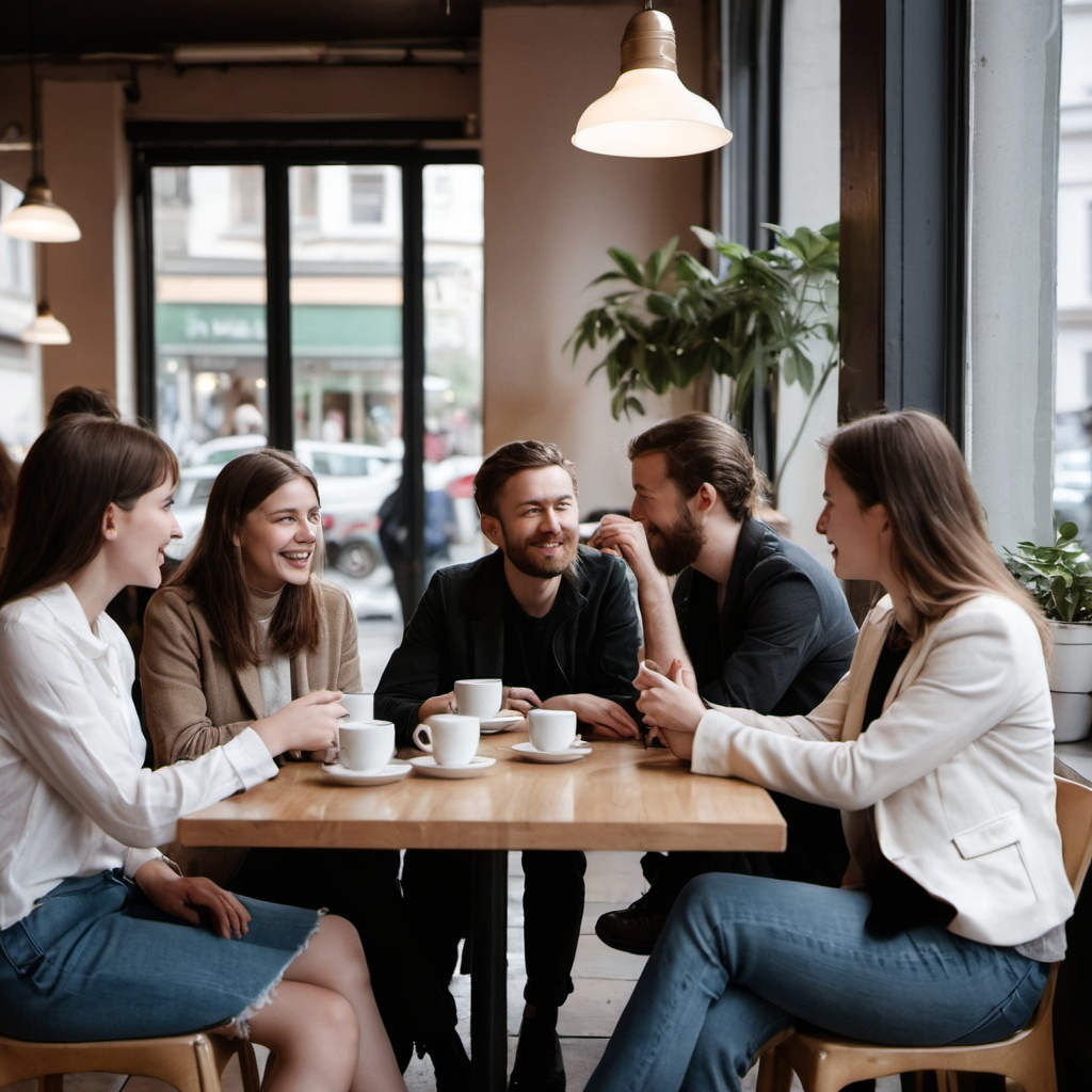 People in a cafe having an engaging discussion