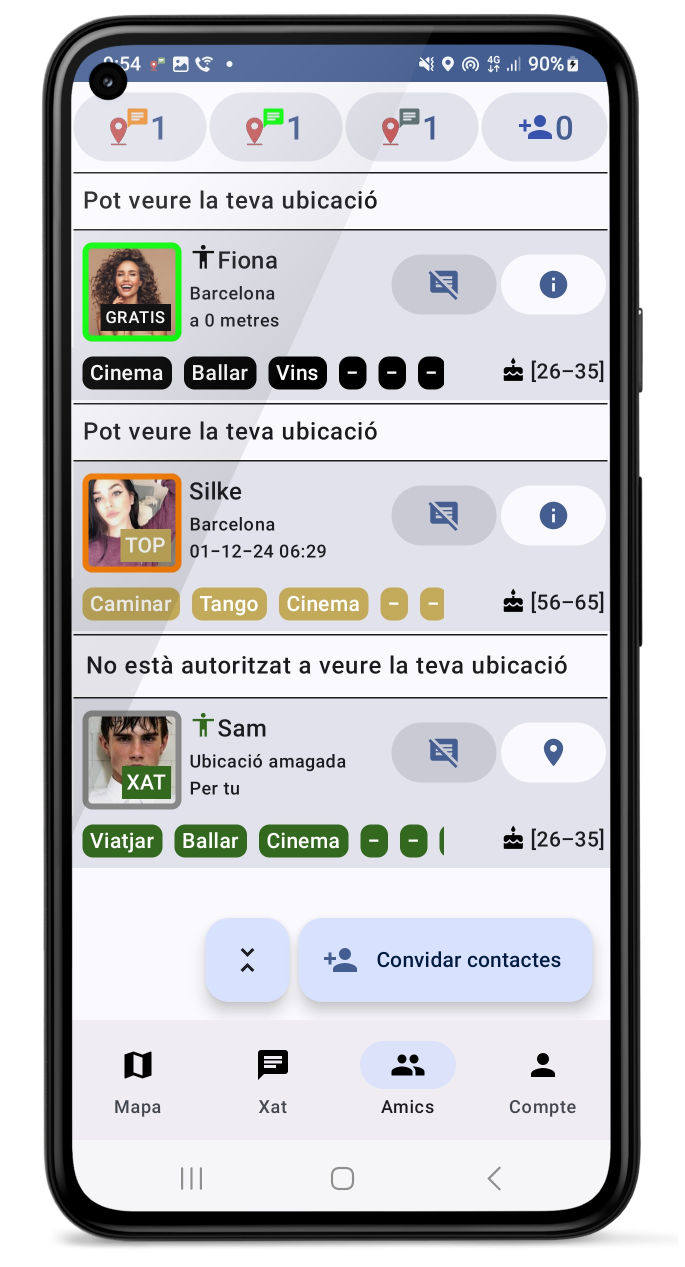 Contactes i opció per ocultar la ubicació